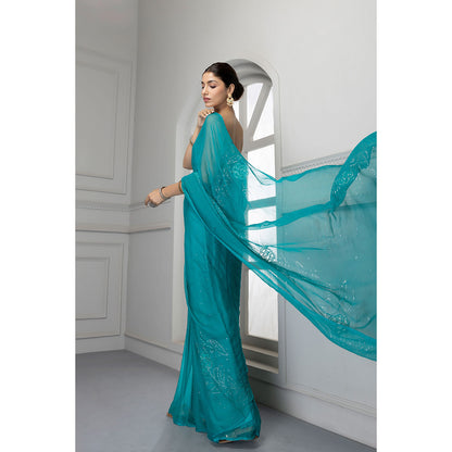 Geroo Jaipur Forest Green Hand Embroidered Mukaish Chiffon Saree