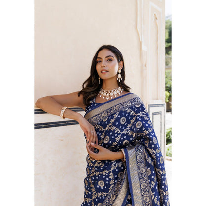 Geroo Luxe Blue Silk Banarasi Bandhani Saree with Unstitched Blouse
