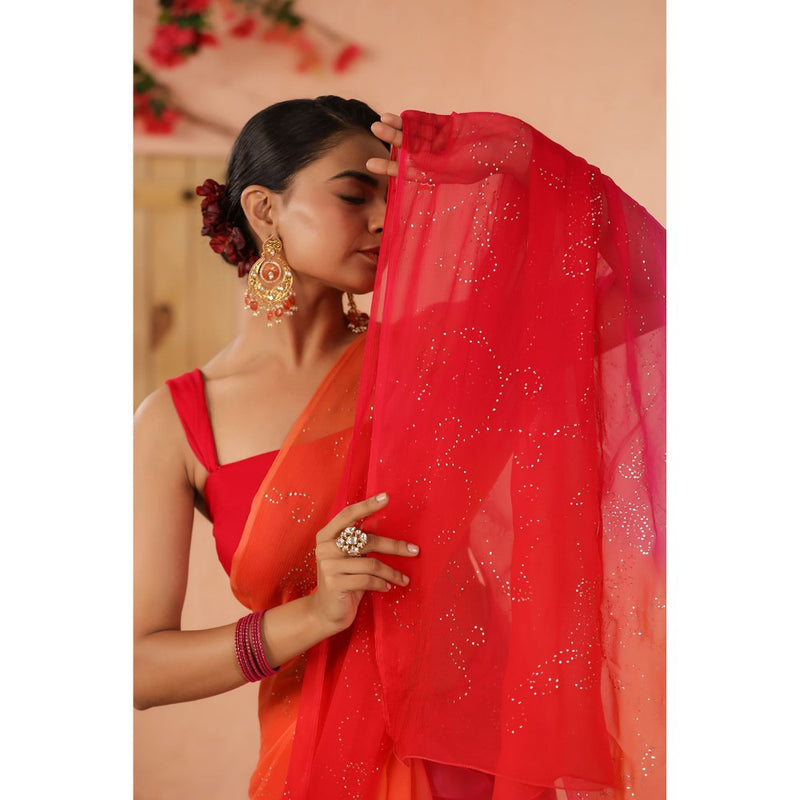 Geroo Luxe Shaded Pink And Orange Chiffon Saree with Unstitched Blouse