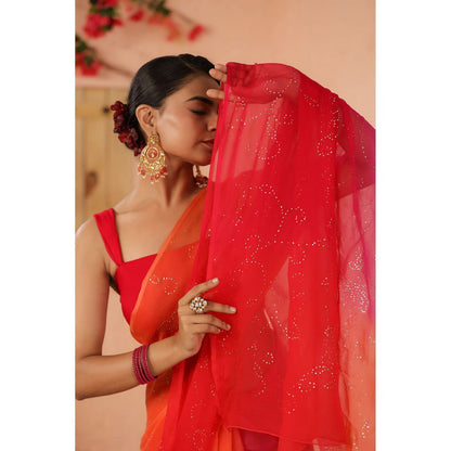 Geroo Luxe Shaded Pink And Orange Chiffon Saree with Unstitched Blouse