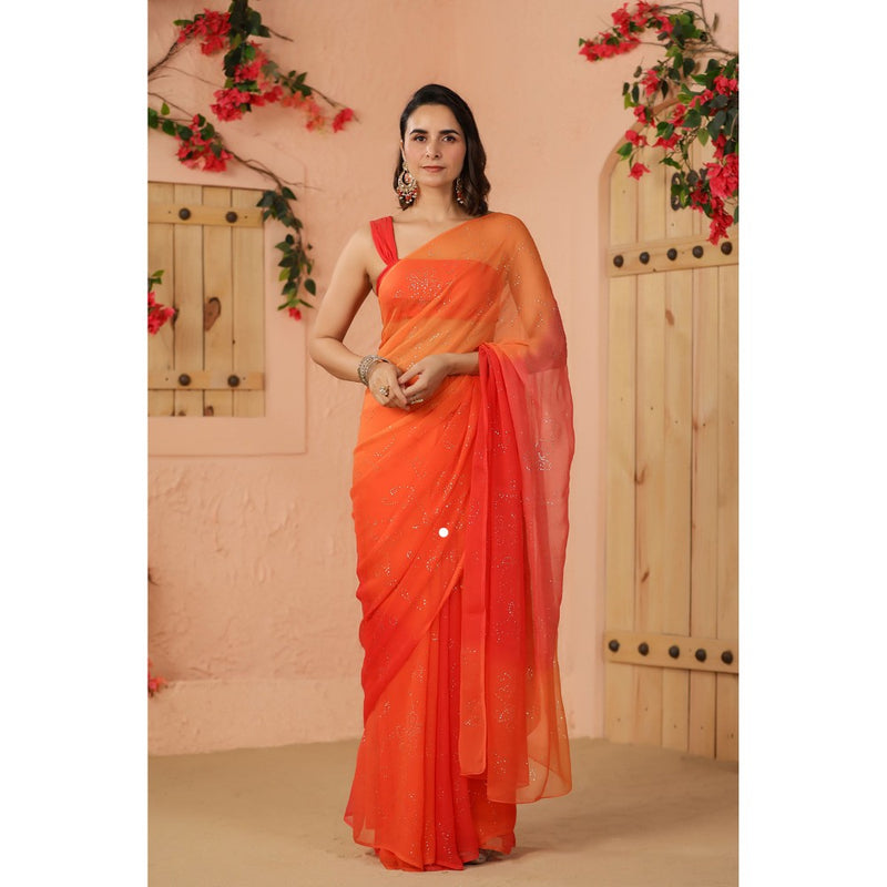 Geroo Luxe Shaded Orange And Peach Chiffon Saree with Unstitched Blouse