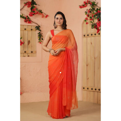 Geroo Luxe Shaded Orange And Peach Chiffon Saree with Unstitched Blouse