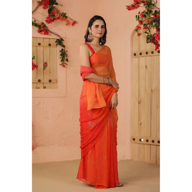 Geroo Luxe Shaded Orange And Peach Chiffon Saree with Unstitched Blouse