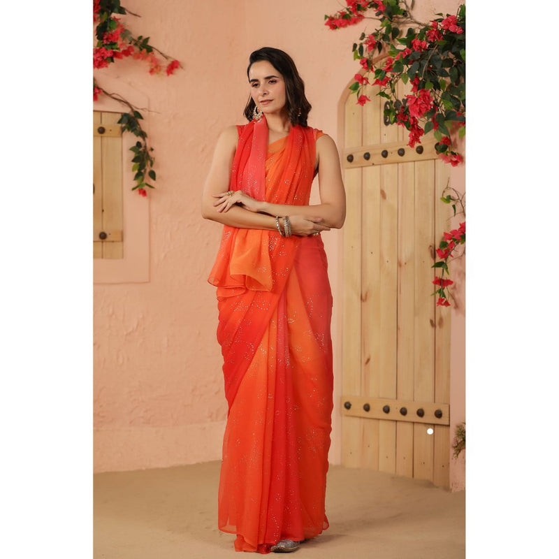 Geroo Luxe Shaded Orange And Peach Chiffon Saree with Unstitched Blouse