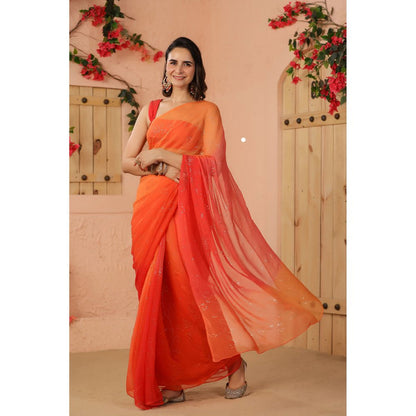 Geroo Luxe Shaded Orange And Peach Chiffon Saree with Unstitched Blouse