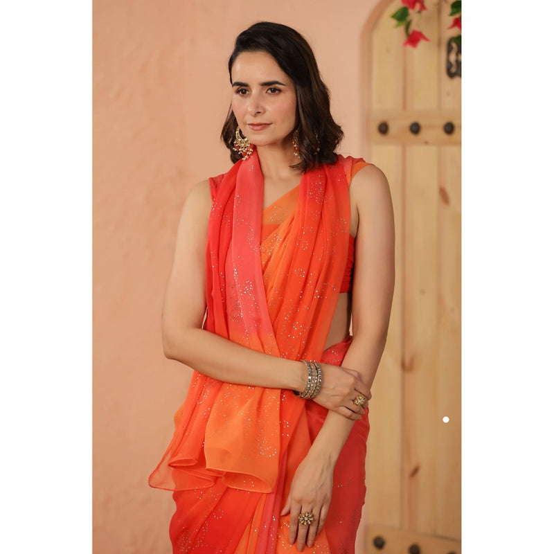 Geroo Luxe Shaded Orange And Peach Chiffon Saree with Unstitched Blouse