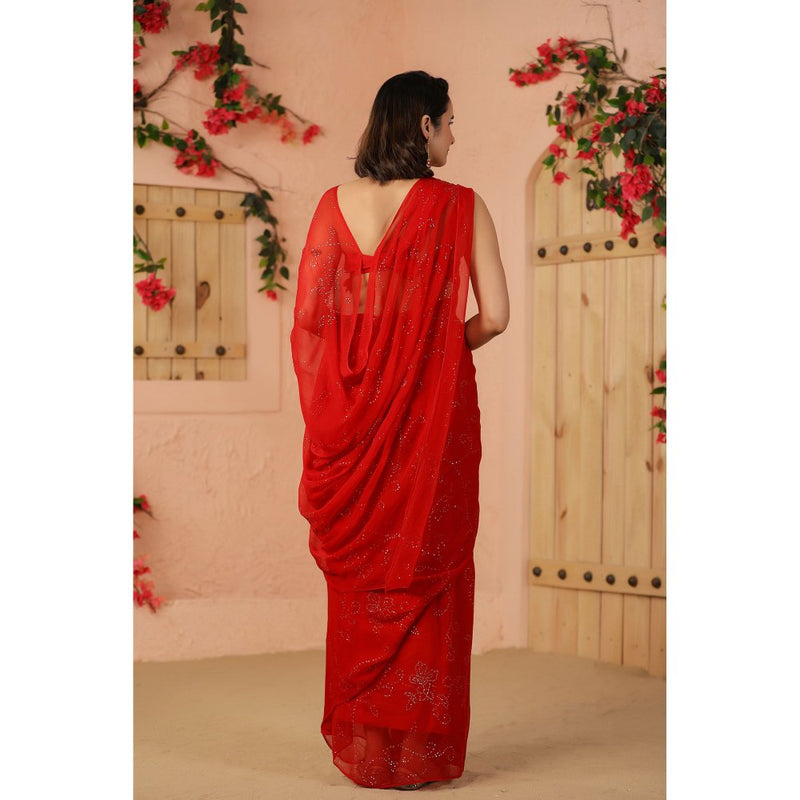 Geroo Luxe Red Mukaish Work Chiffon Saree with Unstitched Blouse