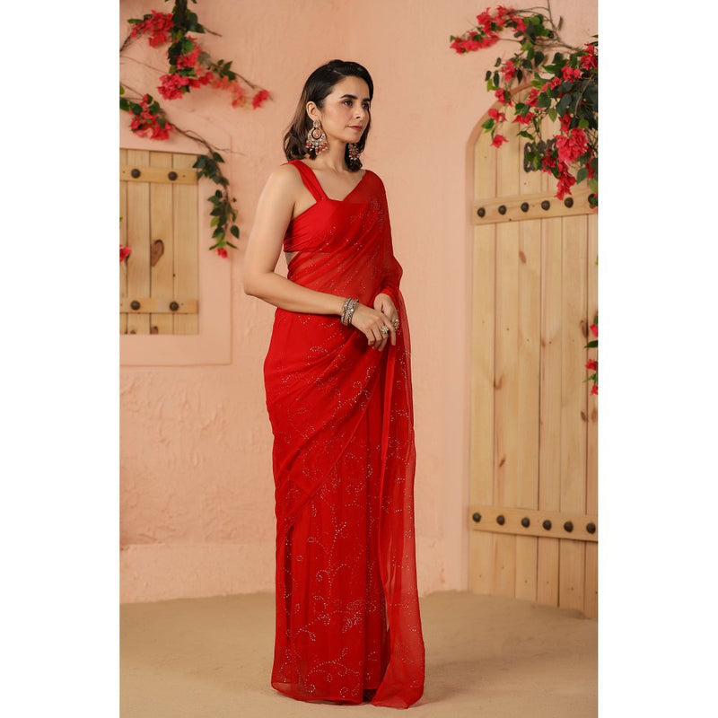 Geroo Luxe Red Mukaish Work Chiffon Saree with Unstitched Blouse