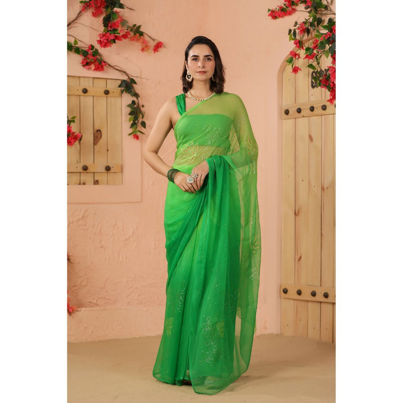 Geroo Luxe Green Shaded Net Patch Work Chiffon Saree with Unstitched Blouse