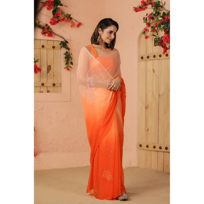Geroo Luxe Orange Shaded Net Patch Work Chiffon Saree with Unstitched Blouse