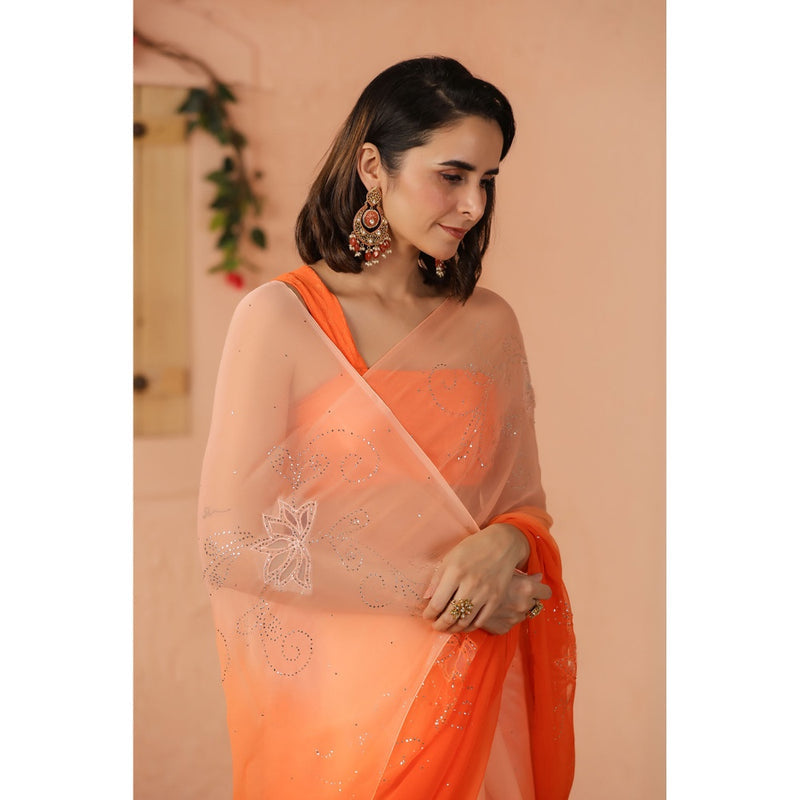 Geroo Luxe Orange Shaded Net Patch Work Chiffon Saree with Unstitched Blouse