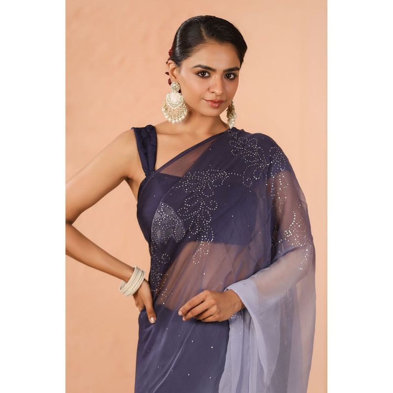 Geroo Luxe Navy Blue Shaded Net Patch Work Chiffon Saree with Unstitched Blouse