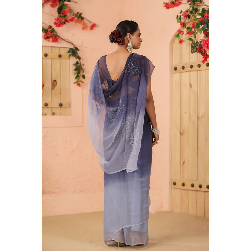 Geroo Luxe Navy Blue Shaded Net Patch Work Chiffon Saree with Unstitched Blouse