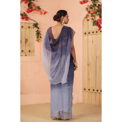 Geroo Luxe Navy Blue Shaded Net Patch Work Chiffon Saree with Unstitched Blouse