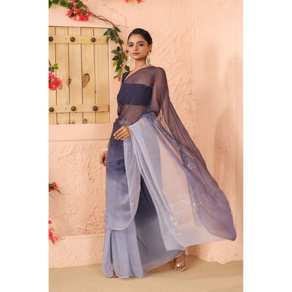 Geroo Luxe Navy Blue Shaded Net Patch Work Chiffon Saree with Unstitched Blouse