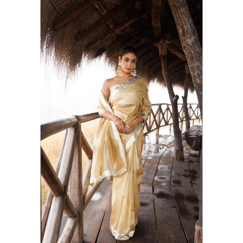 Geroo Jaipur Beige Tissue Gota Work Saree with Unstitched Blouse