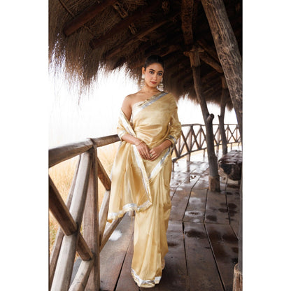 Geroo Jaipur Beige Tissue Gota Work Saree with Unstitched Blouse