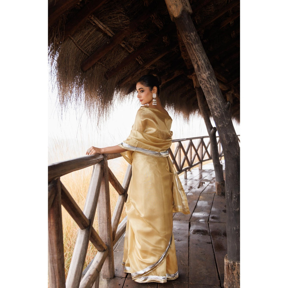 Geroo Jaipur Beige Tissue Gota Work Saree with Unstitched Blouse