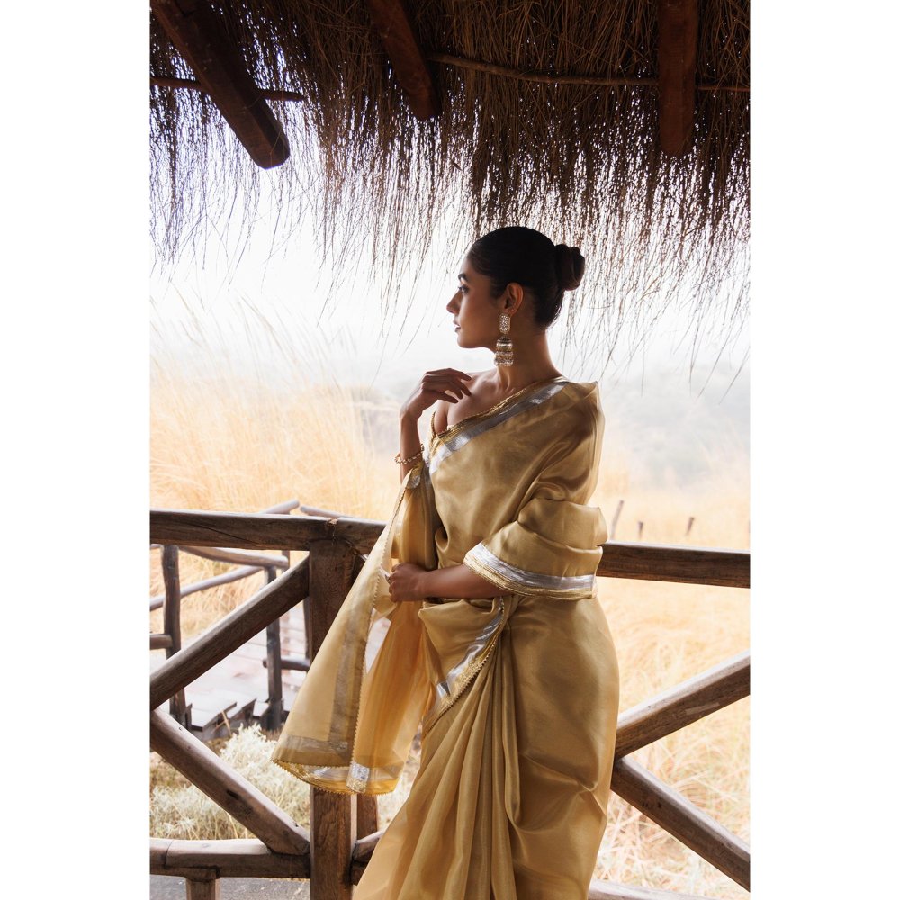 Geroo Jaipur Beige Tissue Gota Work Saree with Unstitched Blouse