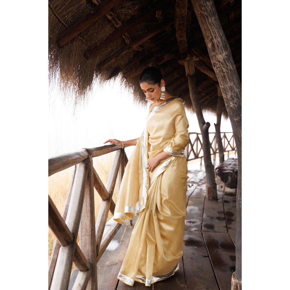 Geroo Jaipur Beige Tissue Gota Work Saree with Unstitched Blouse