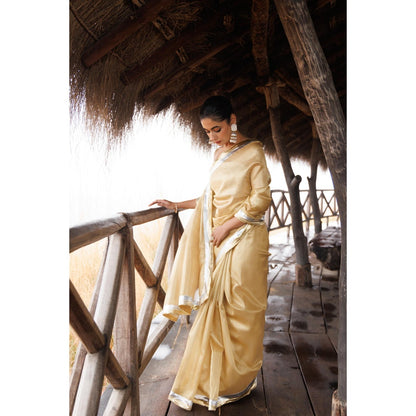 Geroo Jaipur Beige Tissue Gota Work Saree with Unstitched Blouse