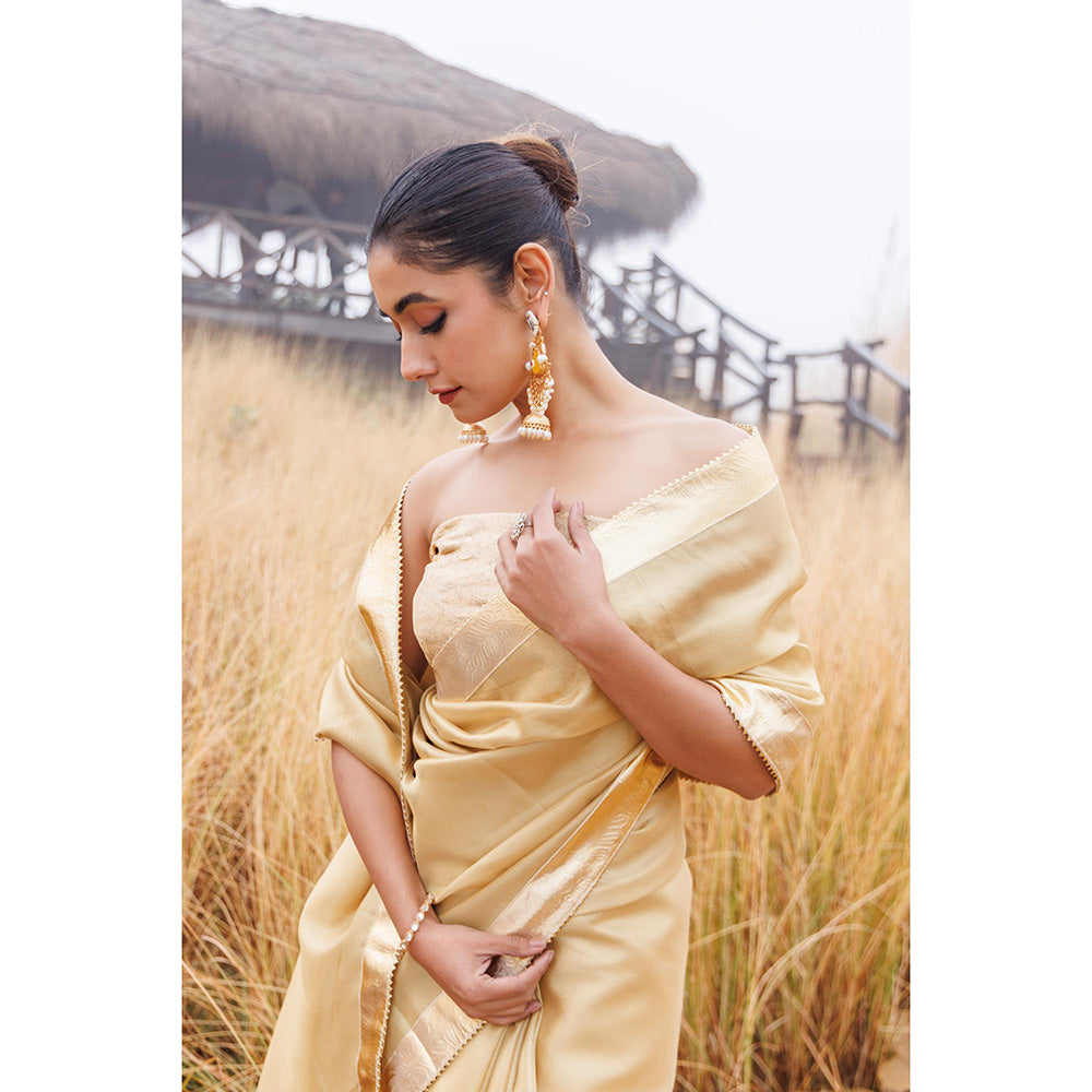 Geroo Jaipur Beige Tissue Gota Work Saree with Unstitched Blouse