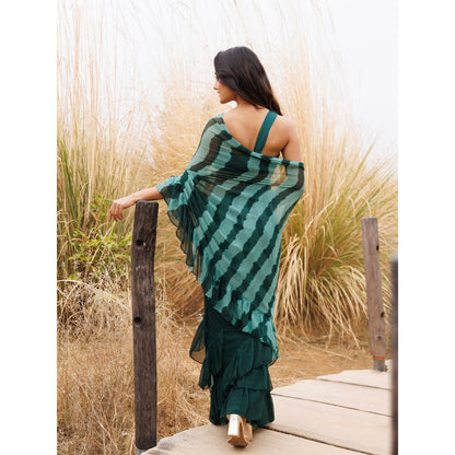 Geroo Jaipur Teal Pre-Stitched Chiffon Saree with Unstitched Blouse