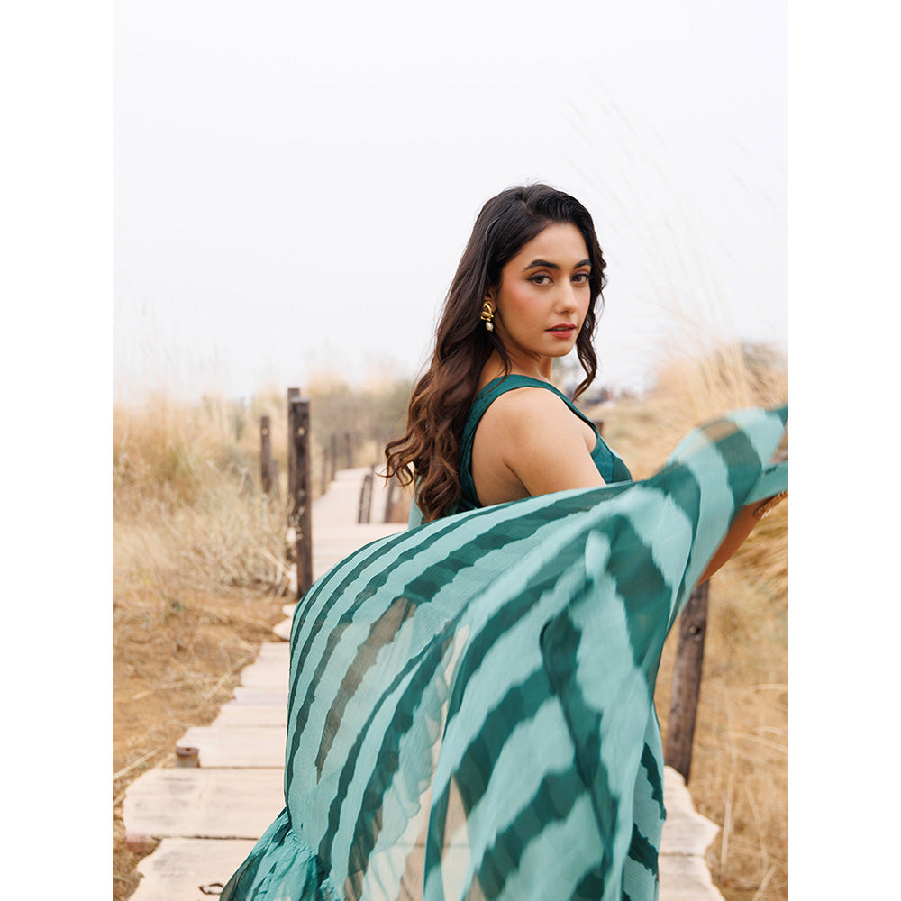 Geroo Jaipur Teal Pre-Stitched Chiffon Saree with Unstitched Blouse