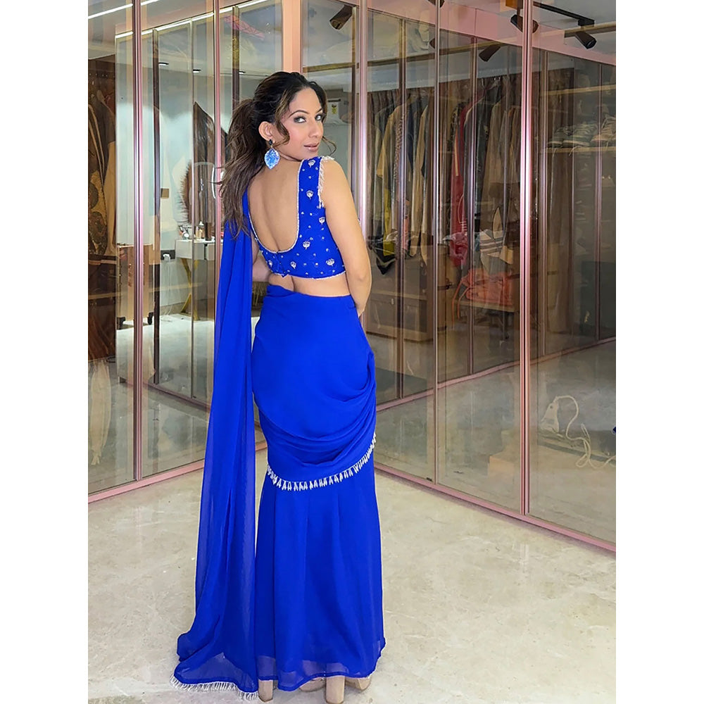 Glamique by Gungun Royal Blue Cut-Out Saree with Stitched Blouse