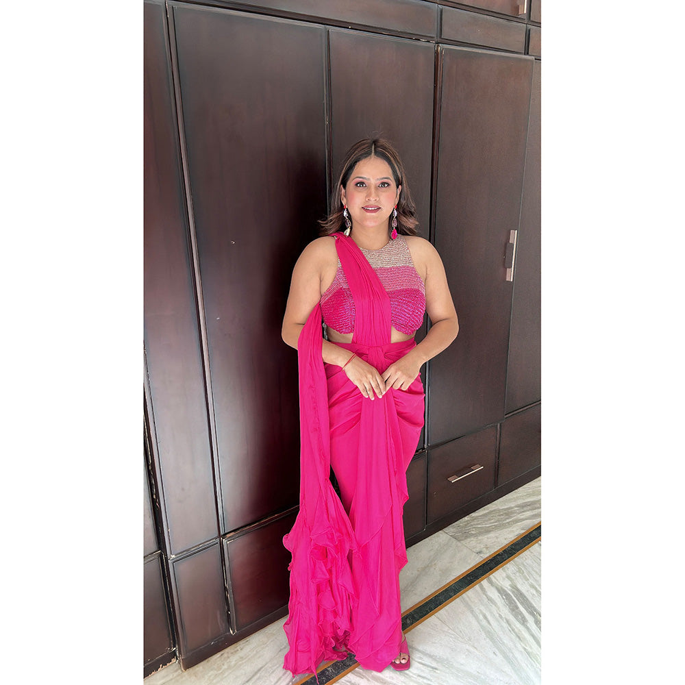 Glamique by Gungun Pink Halter Neck Saree with Stitched Blouse