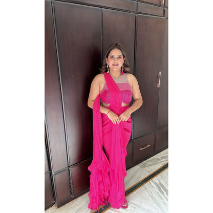 Glamique by Gungun Pink Halter Neck Saree with Stitched Blouse