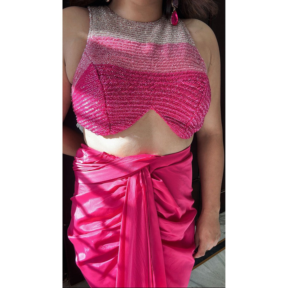 Glamique by Gungun Pink Halter Neck Saree with Stitched Blouse