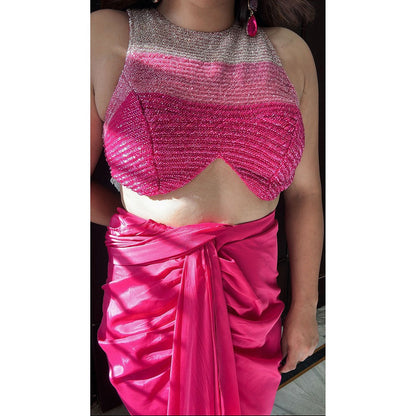 Glamique by Gungun Pink Halter Neck Saree with Stitched Blouse