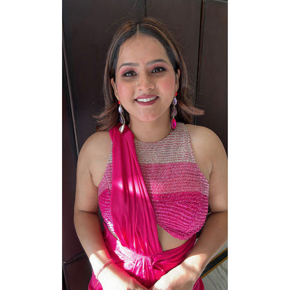 Glamique by Gungun Pink Halter Neck Saree with Stitched Blouse