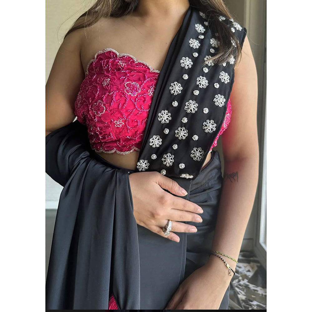Glamique by Gungun Black Fringe One Shoulder Saree with Stitched Blouse