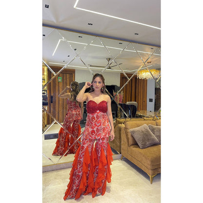 Glamique by Gungun Orange And Red Ruffle Co-Ord (Set of 3)