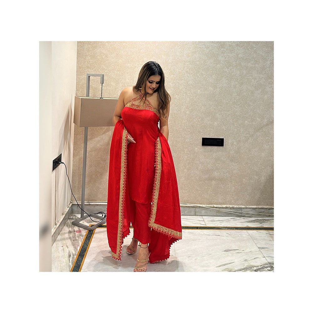 Glamique by Gungun Red Women Halter Kurta with Pant and Dupatta (Set of 3)