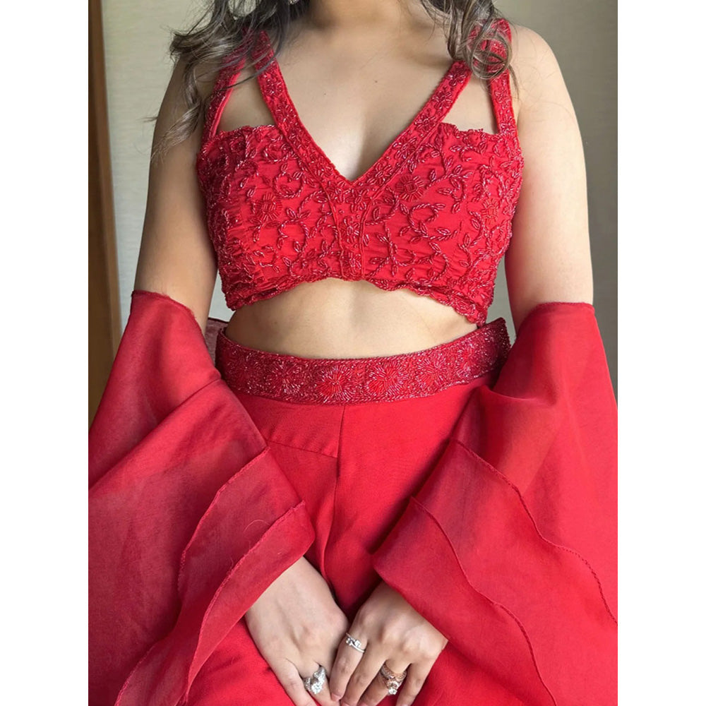 Glamique by Gungun Women Red Blouse with Palazzo and Dupatta (Set of 3)