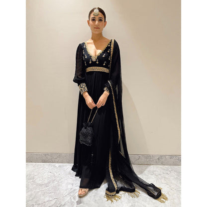 Glamique by Gungun Black Women Balloon Sleeves Anarkali with Pant and Dupatta (Set of 3)