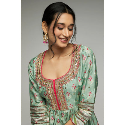 Gopi Vaid Green Tilla Peplum Garara (Set of 3)
