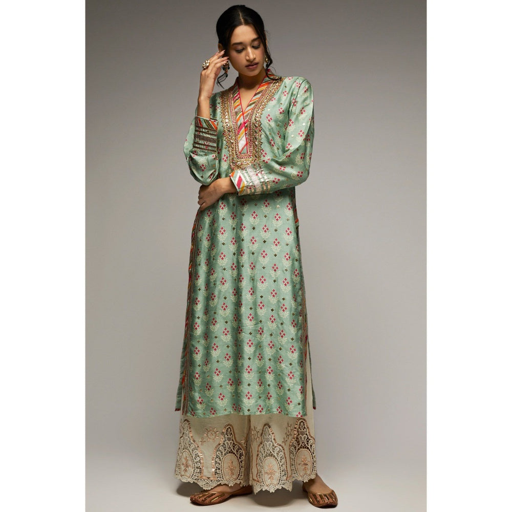 Gopi Vaid Blue Tilla V-Neck Kurta Palazzo (Set of 2)