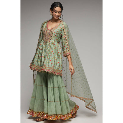 Gopi Vaid Green Rashida Peplum Sharara (Set of 3)