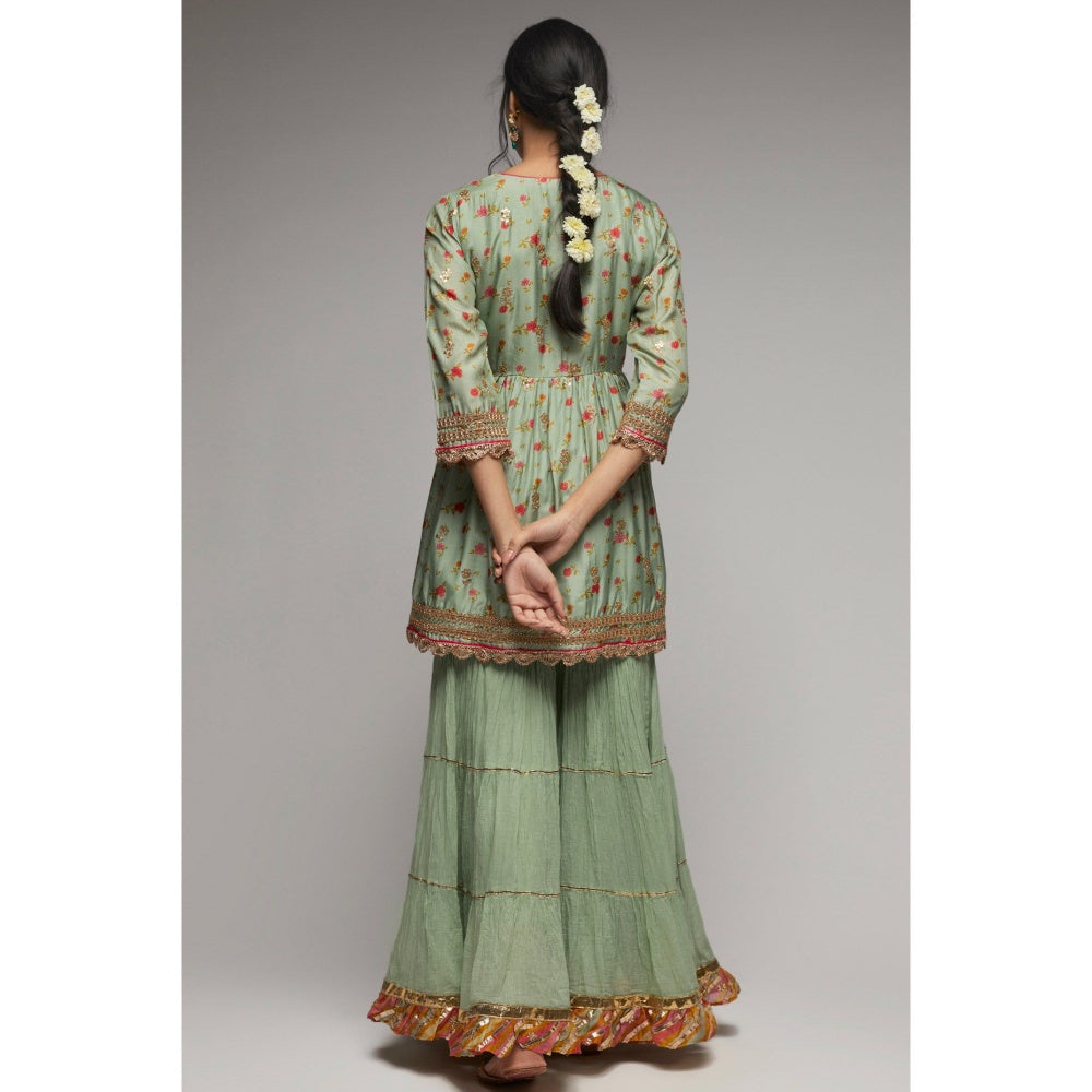 Gopi Vaid Green Rashida Peplum Sharara (Set of 3)