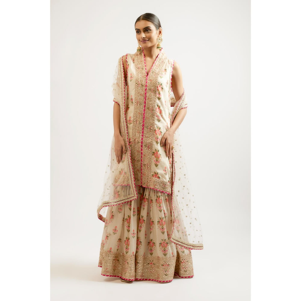 Gopi Vaid Ivory Dhriti Sleeveless Sharara with Kurta and Dupatta (Set of 3)