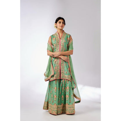 Gopi Vaid Green Dhriti Sleeveless Sharara with Kurta and Dupatta (Set of 3)