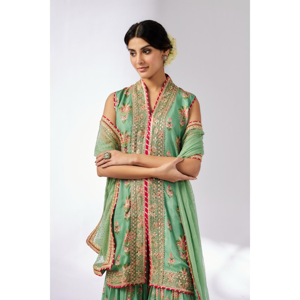 Gopi Vaid Green Dhriti Sleeveless Sharara with Kurta and Dupatta (Set of 3)