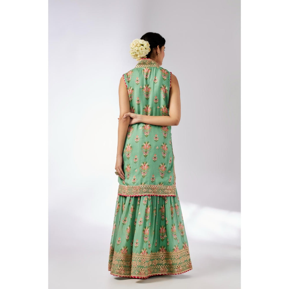 Gopi Vaid Green Dhriti Sleeveless Sharara with Kurta and Dupatta (Set of 3)