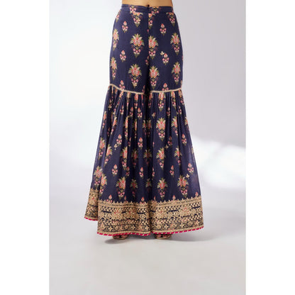 Gopi Vaid Navy Blue Dhriti Sleeveless Sharara with Kurta and Dupatta (Set of 3)