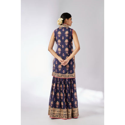 Gopi Vaid Navy Blue Dhriti Sleeveless Sharara with Kurta and Dupatta (Set of 3)