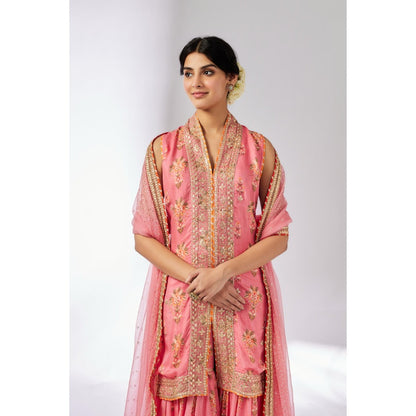 Gopi Vaid Pink Dhriti Sleeveless Sharara with Kurta and Dupatta (Set of 3)